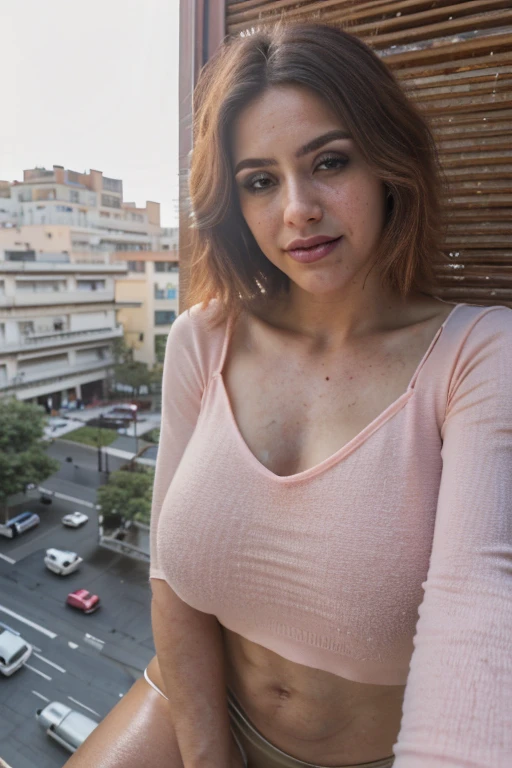 single focus lens, full body picture, face is Ultra-realistic, sensual woman, photographed, very dark makeup, pink lipstick, cute smile (teeth visible:0.7), honey blonde hair ((long)), ice blue eyes, voluptuous big buttocks, D cup breasts, narrow waist, beautiful breasts, highlighting cleavage, white sheer lace t-string panties and star-symbol print pattern bra, wearing high heels, garter belt, the background is the sun setting on the beach, pink with a blend of orange, and yellow filling the sky, gorgeous necklace and earrings, style raw