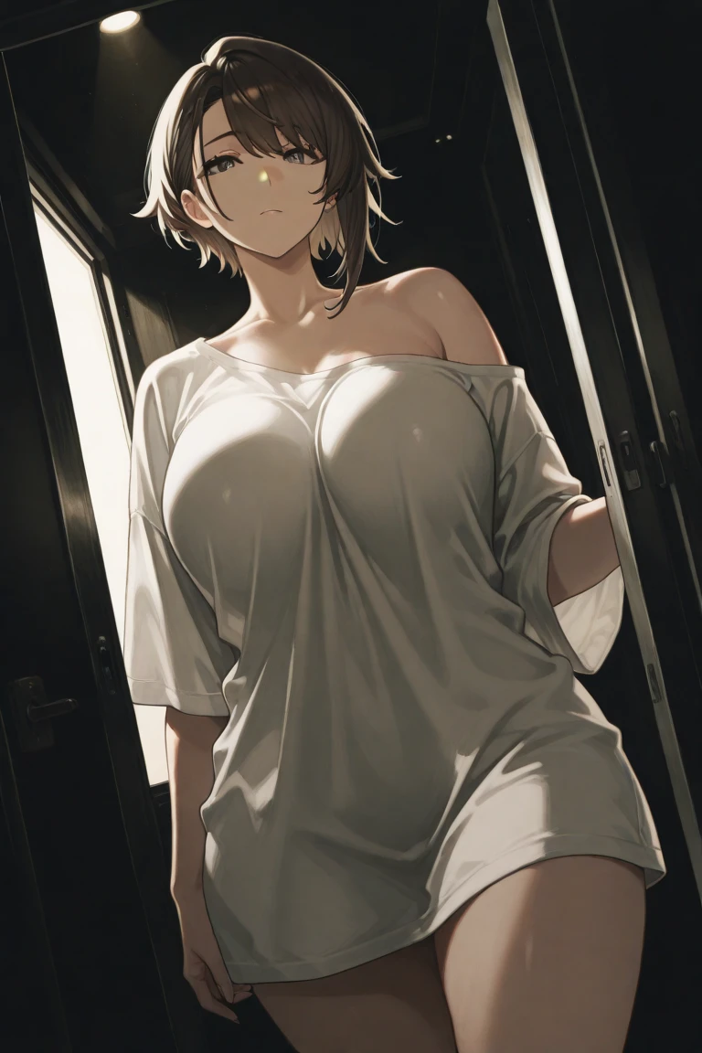 、(masterpiece、Highest quality)、Highest quality, Ultra-high resolution, (((masterpiece))), alone, Sweat、Big eyes, Composition from the front、Shortcuts、Embarrassed face、Bronze colored hair、Cut the back hair short、Bathroom、Shower scene、 Expose、Completely naked、pubic hair、belly button、Large areola、Nipples、short hair