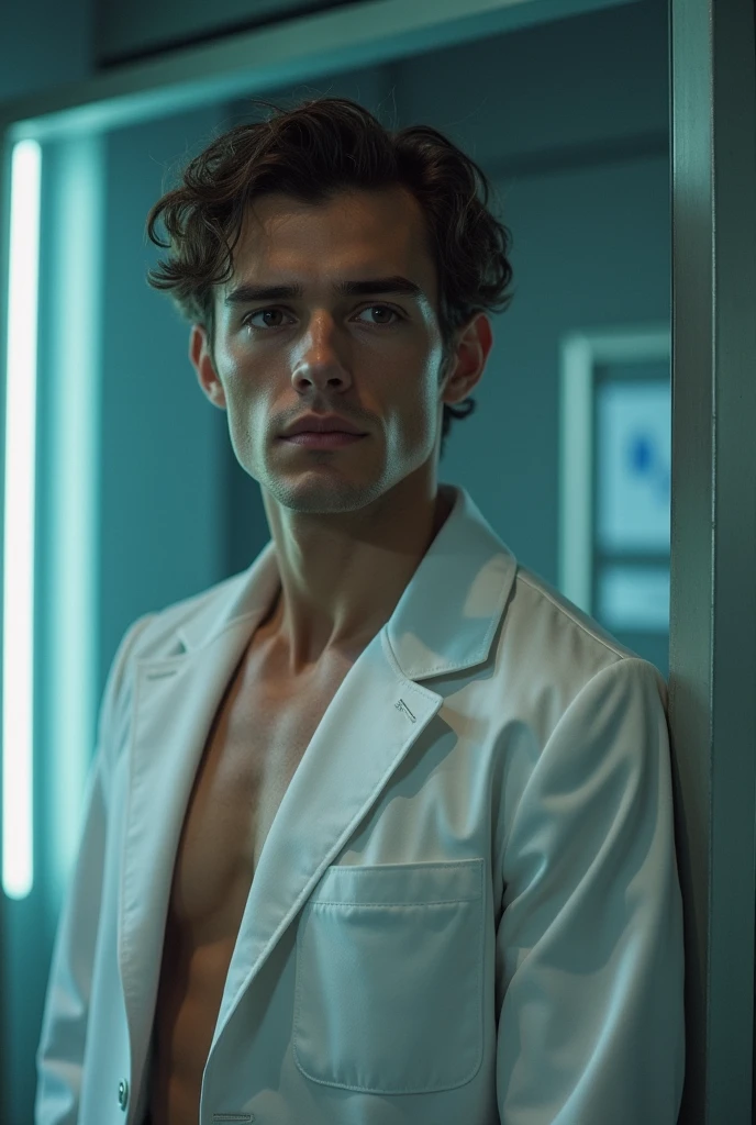 The image depicts a shirtless handsome young man  resting on a hospital bed. He has dark, wavy hair and a sic8 expression on his face. In the background, there is medical equipment such as an IV drip and a monitor displaying a heart rate graphmany, ventilator, defibrillator medical device cables attached to the chest. The overall setting suggests a medical or hospital environment. The image has a dramatic, artistic style with striking lighting and shadows that emphasize the subject's facial features and physical form.