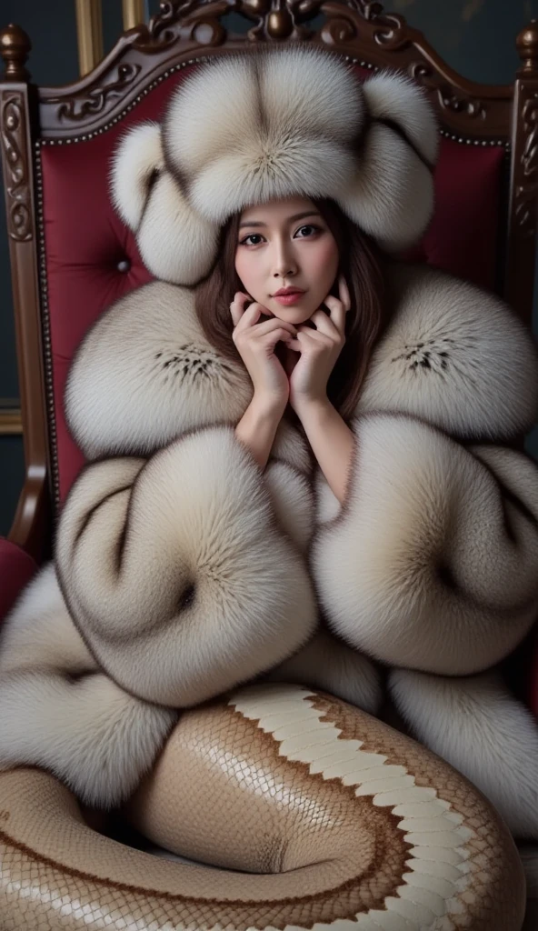 (Russian teen beauty)、?????、High ponytail、No bangs、(Fur fashion show)、(Wear fur clothes)、(High-quality fur)、(voluminous fur)、(Luxurious fur)、(Big Breasts 1.9)、Full body photo、(Squat down and spread your legs)