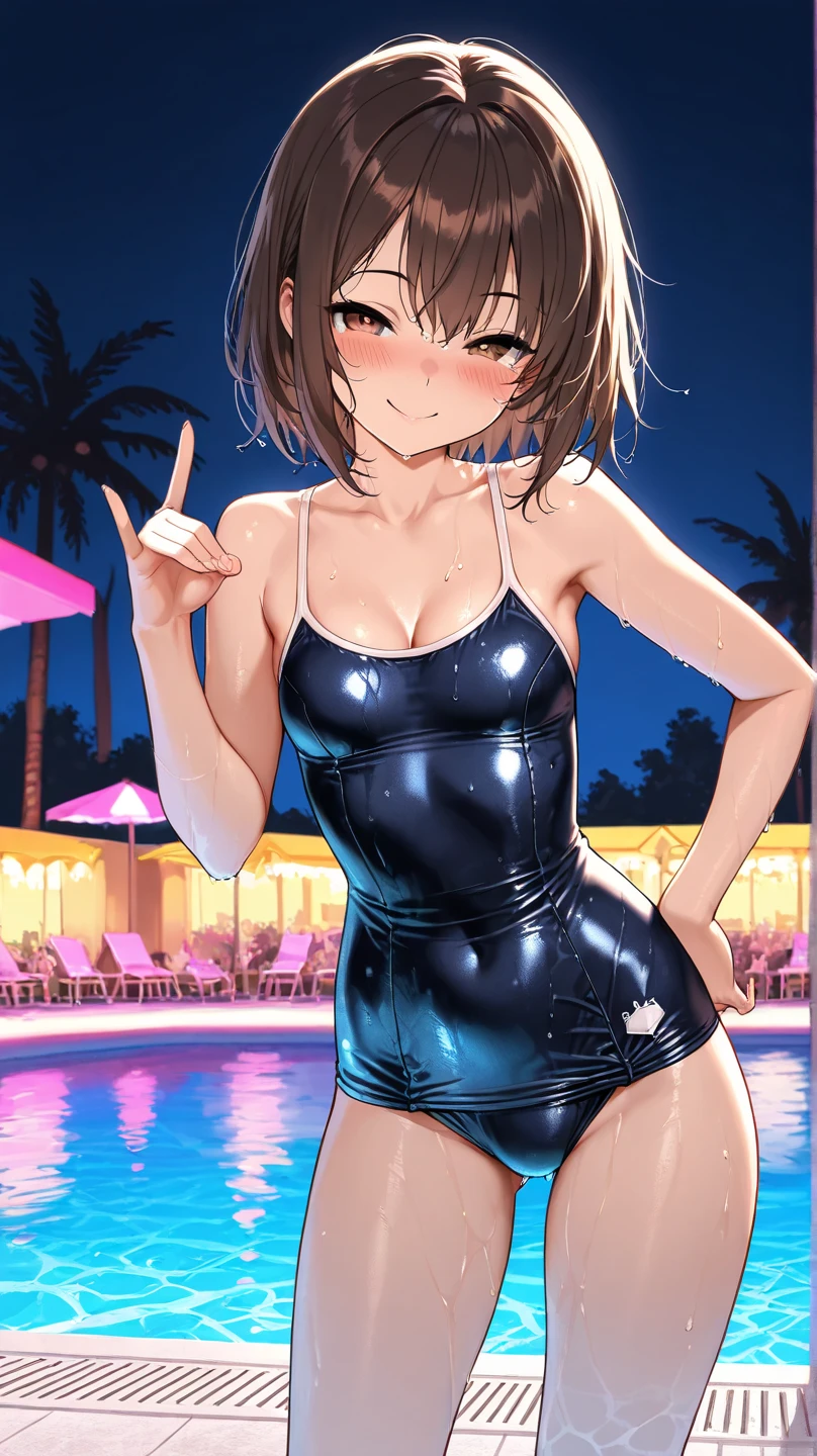 (full body Swimwear style) (beautiful body), (solo:2, 32 yo, bob brown hair short hair cute woman, beautiful green eyes, glasses, happy smile, love mode, medium:1.2 tits), (in a elegant purple detailed leather bikini swimsuit, with Rainbow Pareo, ocean double exposure:1.1), break, in the Swimsuit contest venue, background detailed beautiful Coast, BREAK, perfect anatomy, masterpiece, best quality, 16k, beautiful detailed glow, sexy, daydreaming expression.