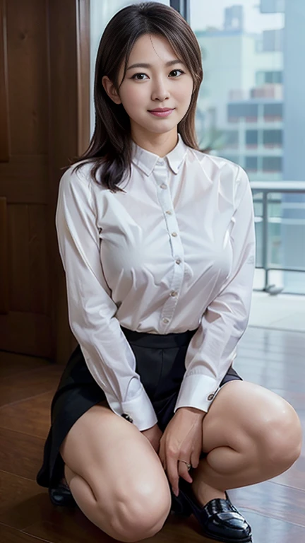 mini skirt、Tuck your shirt into your skirt、Thighs、Sit on a chair、Big Breasts
