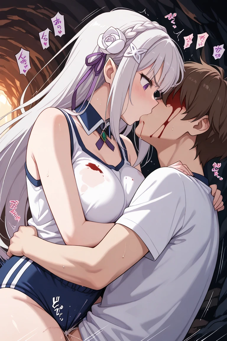 ((1girl)and(1shota boy)),hetero, ((((bb(fate/grand order/)))),(purple hair), white leotard, ((black pleated skirt)), black coat, red hair side ribbon, red neck ribbon, black thight high sock, (ahegao),(trembling), erectile nipples, (cum:1.4),cum in pussy,(cum on clothes:1.4), cum on breasts,cum on body,cum facial, bukkake,cum in mouth,cum on hair,(excessive cum), (1shota boy, short stature:1.4),small penis, dark-skinned ,interracial, ((vaginal,sex)),(upright straddle,couple,face-to-face), clothed sex, intercourse with boy, ((wrestling ring)), (masterpiece,best quality:1.3),(ultra-detailed,high resolution:1.2),(illustration),((an extremely delicate and beautiful)),(detailed background),