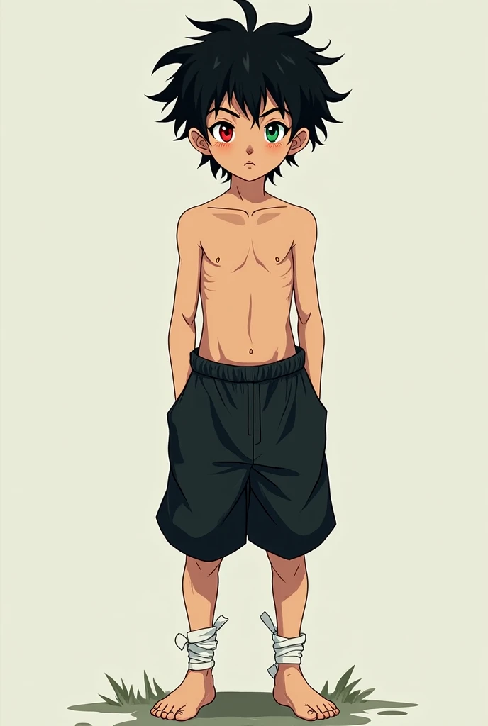 Barefoot shirtless anime boy with green pajama pants with brand on his belly