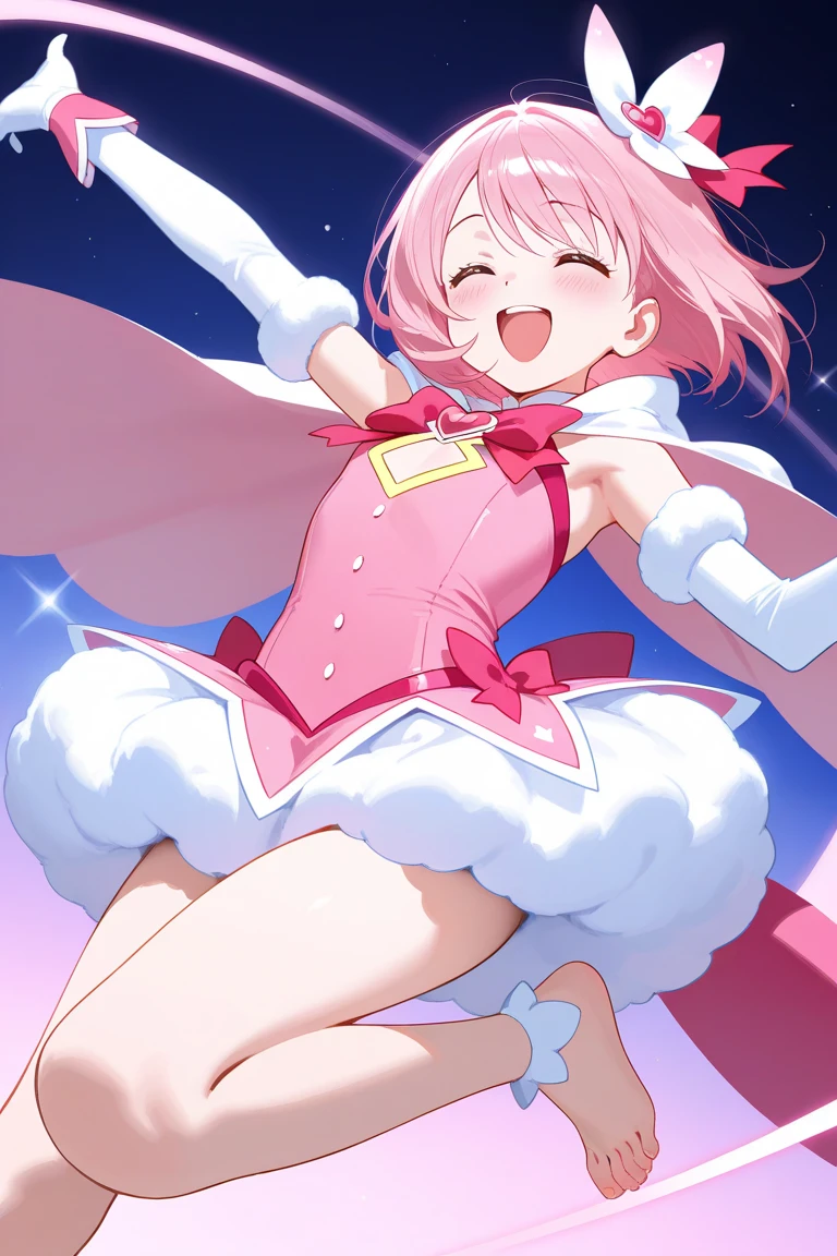 (Perfect body),Best Quality,(8K Portrait),(Official art)、((NSFW))、(((((Lori)))))、((((Wavy mouth))))、(((:o)))、(((blush))),(((((flat chest)))))、small tits、((Big ass))、((Pink hair),((Short hair))、waved hair、(Orange Eyes)、(((thick thighs)))、((((White bodysuit))))、(((pink ruffle skirt)))、(Armpits)、(((((Short stature)))))、(((Jumping)))、(((Light blue striped panties)))、((Nekomimi))、((headphones))、Cowboy Shot、both hands behind head、stage