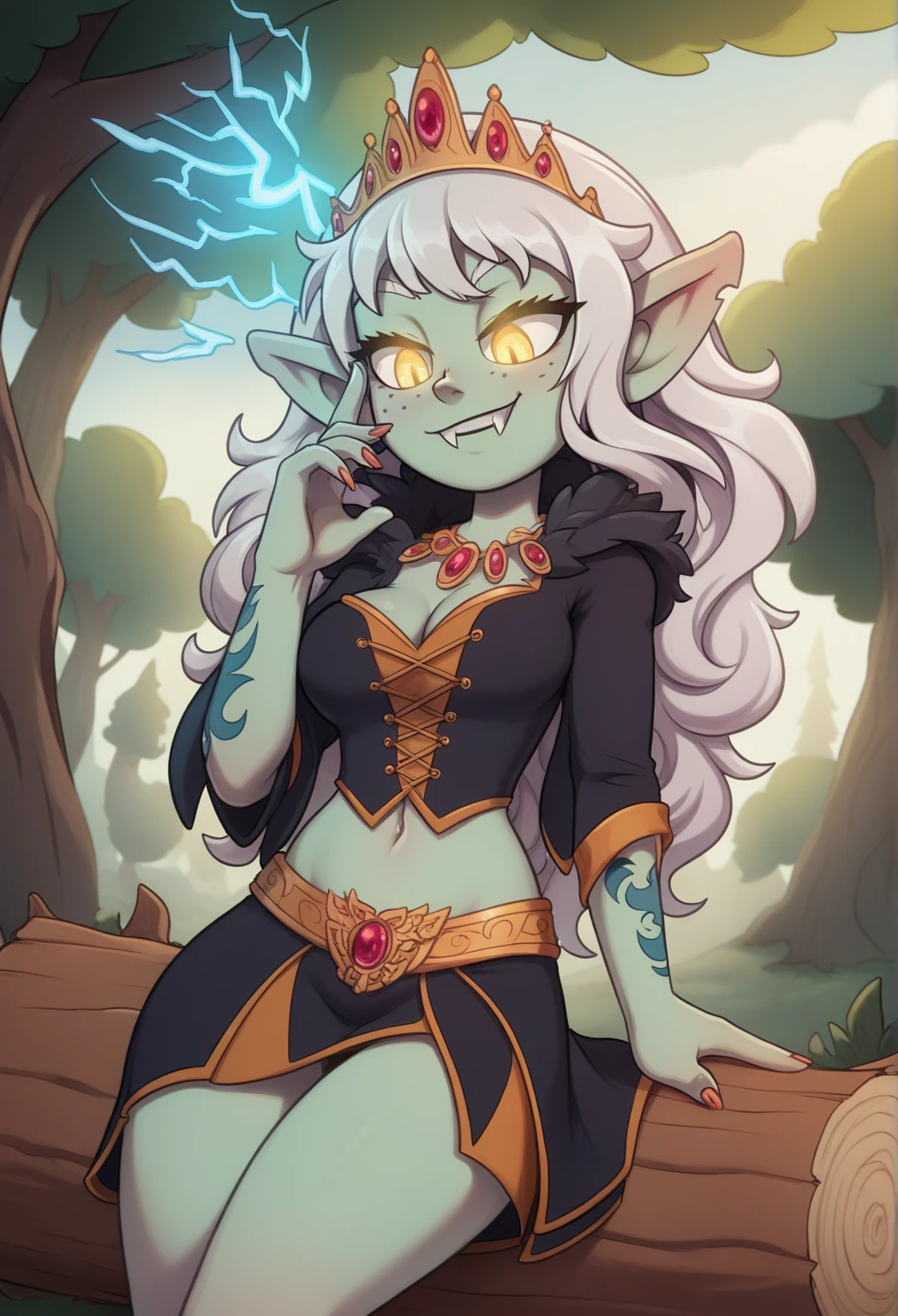 (anime fantasy anthro style: 1.5, full body view: 1.5, muscle and curvy body: 1.5, oni goddess: 1.5) The Oni goddess, with her muscular and curvy body, stands tall and confident, posing for a photoshoot with a beautiful smile on her face. She wears a t- shirt adorned with an ethereal skull design, the blue and pink color scheme adding a vibrant contrast against her dark oni skin. Her horns, intricately detailed, tower above her head and glow with an otherworldly light. The setting is a mystical forest, with thick outlines and