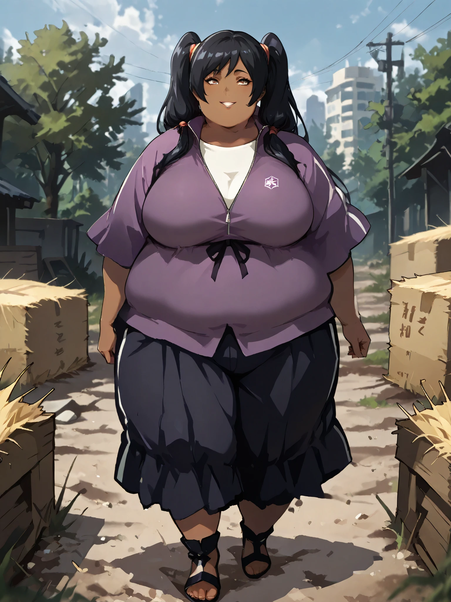 masterpiece, best quality, high resolution,score_9, score_8_up, score_7_up, score_6_up, source_anime, 1girl, solo, hay lin, athleisure, purple jacket, large breasts, long hair, twin tails, black hair, brown eyes, dark skin, smiling, outdoors, wasteland, full body, cowboy shot