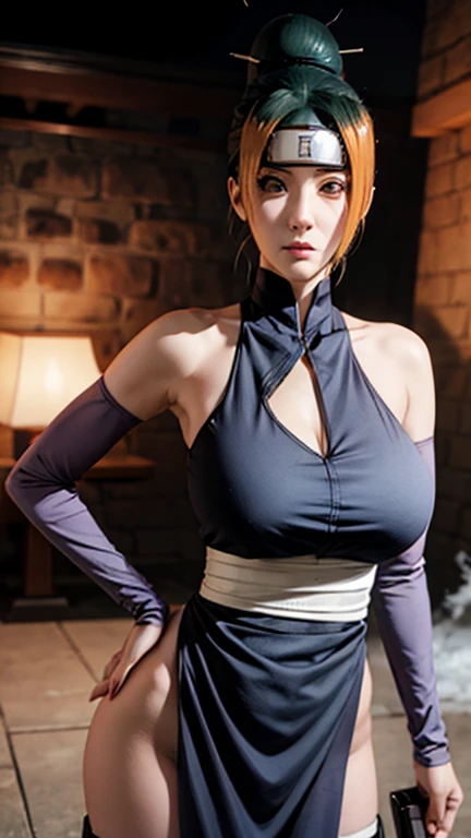 Ninja beautiful girl light orange hair huge breasts wearing a bare-chested tight-fitting costume ninja sexy post in the onsen.