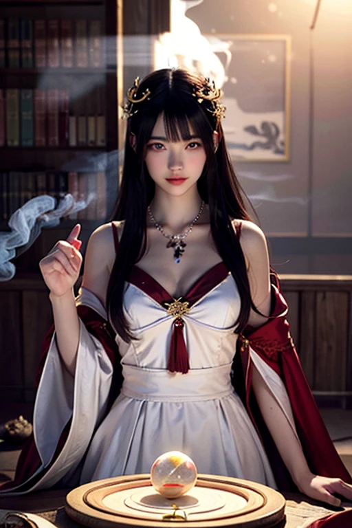 Mysterious woman, shrine maiden ,cute face, Straight hair, dark black color hair,Medieval mystery clothes, Mysterious hermit, White Magician,magical lights,albino,Red Eyes, Red glowing eyes,Magical powers,nsfw,cleavage,cleavag e cutout,cleavage
