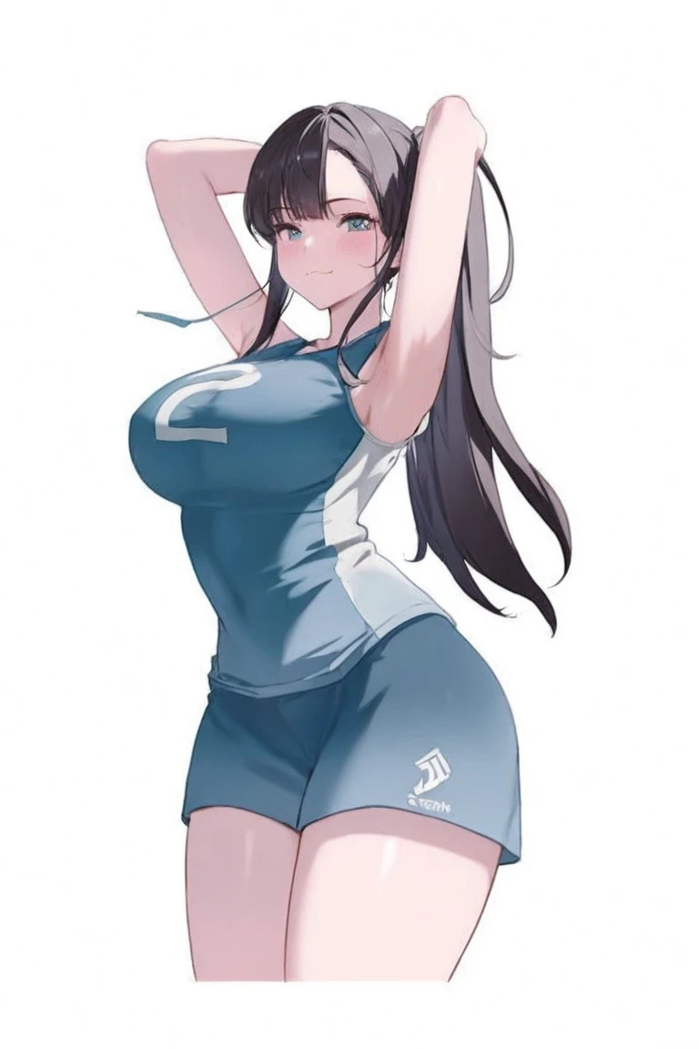 20 years old,1 girl, extremely thick thighs, hyperrealistic, 8k, (extremely detailed 8k), (very delicate and beautiful), (masterpiece), (better quality:1.0), (ultra high resolution:1.0), (masterpiece, best quality), cute,black hair,school gym suit,big breasts,leaning forward,ponytail,upper body,POV