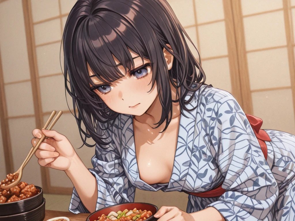girl, solo, breasts, looking_at_viewer, smile, open_mouth, bangs, large_breasts, brown_hair, holding, brown_eyes, nipples, upper_body, nude, food, teeth, indoors, black_eyes, cup, table, plate, bowl, chopsticks, pov_across_table, ryokan, BREAK 2D, 8k, highres, masterpiece, super fine illustration, photo background, insanely detailed, blurry background, depth of field, natural light, soft lighting, perfect fingers, nice hands, perfect hands, good,bukkake, semen, (cum on body:1.9, cum on hair:1.9. cum on face:1.9, cum on mouths:1.3,cum on table 1.9),multiple boys, peeing on a girl, facial, cum on mouth, cum on body, multiple penises, gangbang,holding penis))),ecstasy torogao, saliva trail, nose blush,smile,peace sign:1.5,