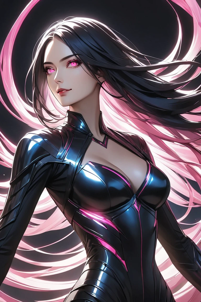 (1girl, seductive woman, villainous, flirtatious smile, strange and powerful supernatural powers, dynamic and powerful pose, full body shot, detailed facial features, villans swxy suit, high-quality, hyperrealistic, photorealistic, detailed, cinematic lighting, dramatic lighting, dark and somber color palette, cinematic composition, professional photography, masterpiece)