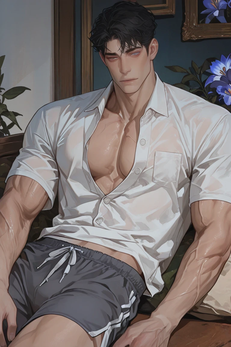 solo person, Soloist，1boys，white backgrounid，lying on her side，Shirtless males，chest muscle，simplebackground，Abs，long whitr hair，whaite hair，Gray eye，obi strip，hair on one eye，birthmark，one eye covered，trouser，European people，European medieval clothing