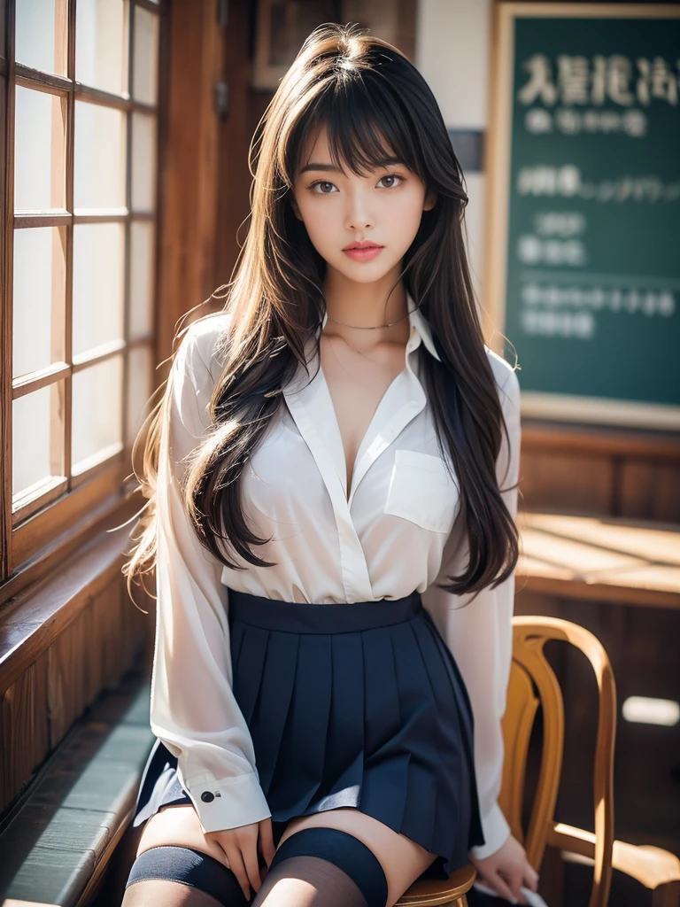 (High Definition CG Unity 8k Wallpaper), (Masterpiece), (Best Detail), (Super Detail), (Best Illustration), Best Shadow, Ultra High Definition, (Photorealistic: 1.4), Window with Moon View at Night, Girl Illuminated by Moonlight, ((Very Oversized White Shirt, White Shirt Unbuttoned)), (Men's Shirt), No Bra, Clavicle, (Middle Chest:1.2), (long-haired: 1.2), looking at the camera, teeth sticking out, smile, upper body, imperfect skin, ((17-year-old Japan charismatic schoolgirl)), white skin, hair is black and long, bright blue eyes, thick eyebrows, beautiful, tilted head, (one ear sticks out), wet and disheveled hair, almost wet chest, troubled expression
