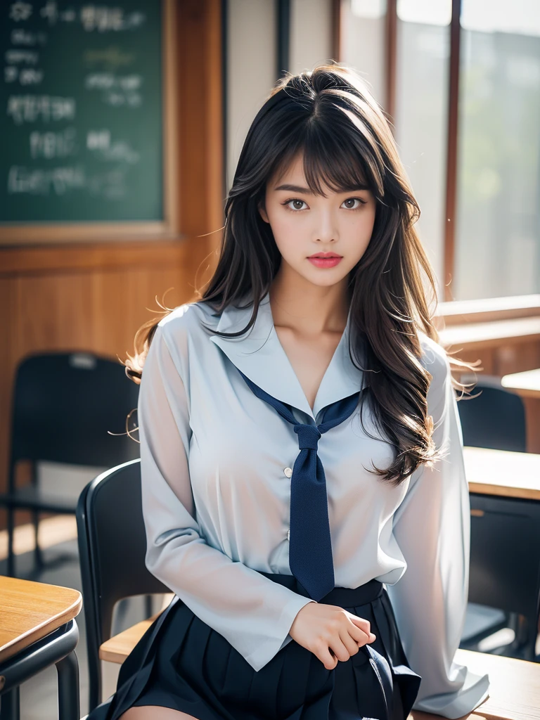 ((School classroom))、(8K, Highest quality, Realistic:1.3, photoRealistic), (alone), (1 Girl), Japanese、Light, (masterpiece:1.2), Depth of written boundary, (A nice firm mid-bust:1.2), Small beautiful butt, Narrow waist, Thin thighs、(White skin), (Beautiful silky brown hair),(Beautiful Face:1.2) ,(Bright Eyes), Slender body line、(A petite and elegant girl:1.2、Baby Face:1.4), alone , ((Noble Uniform:1.2))、(from the front)