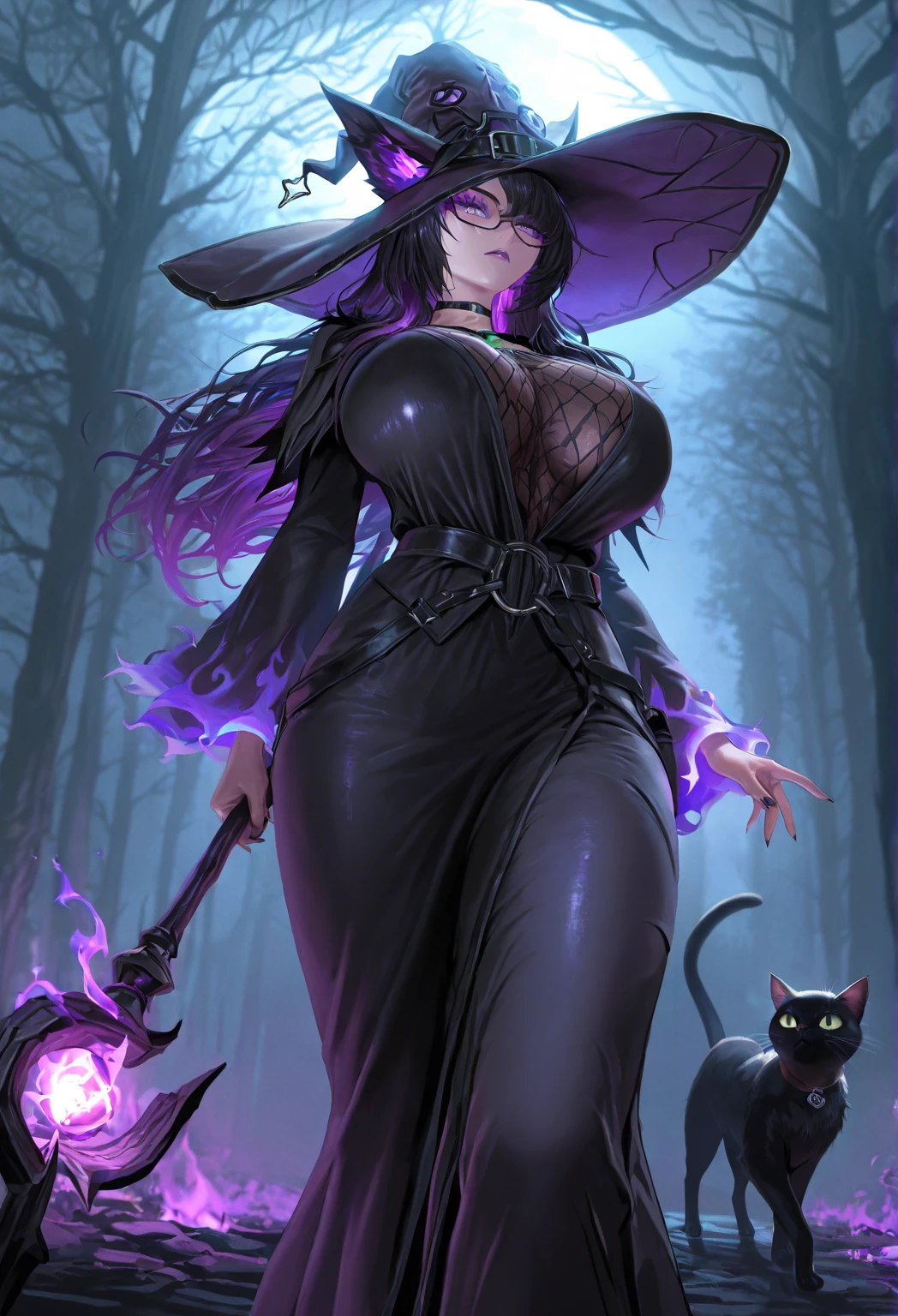 (high detailed) a 47 yo's woman, extremely large huge hairstyle, two toned hair, pink Sharp eyes, grim, smile, witch hat, busty, purple witch clothes, Long sleeves, large lenght skirt, Full body, background a dead-forest