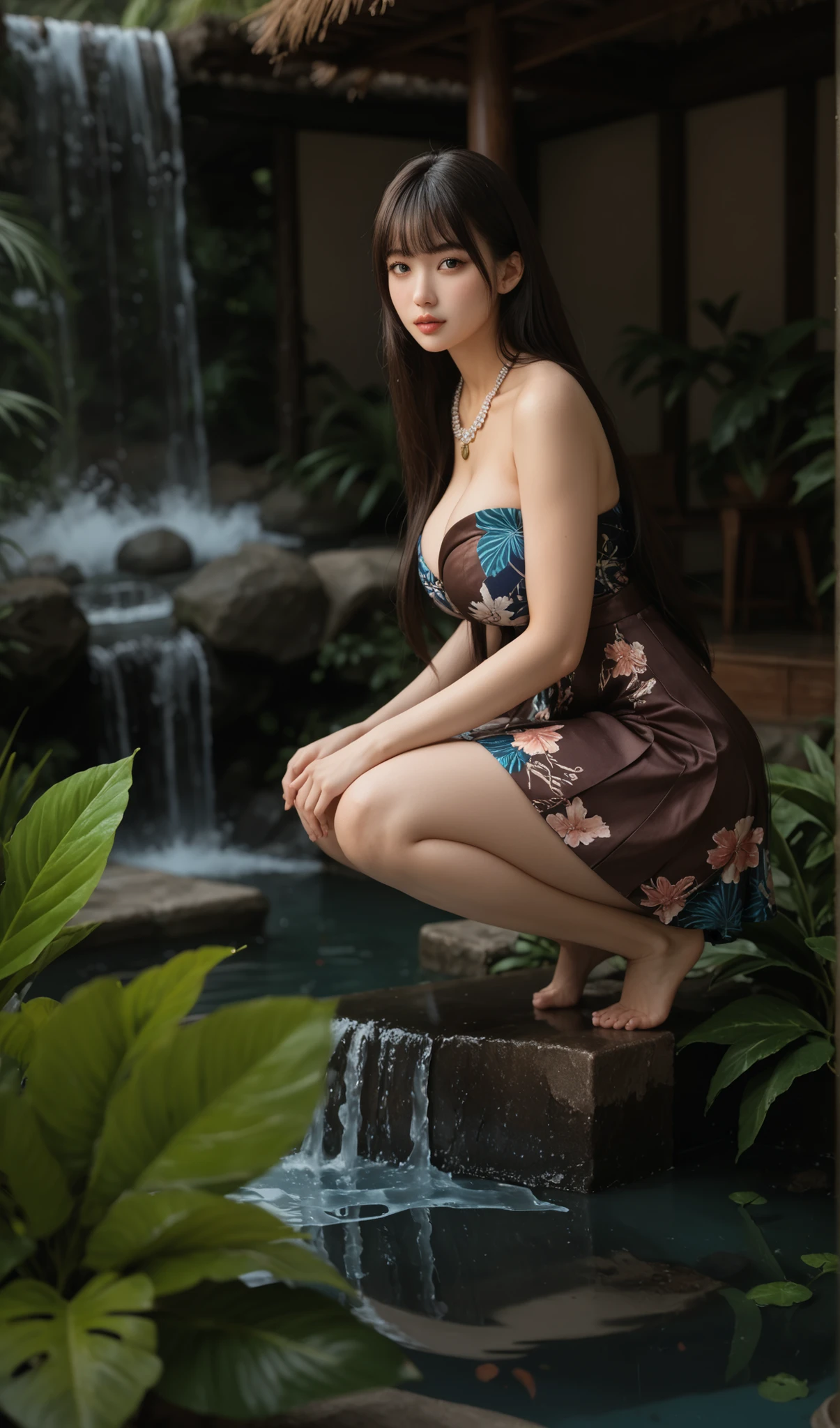 Punk floral woman with untamed hair in an extremely low bun, brown eyes peering out from under hoop hoops, dressed in a white silk mini dress that accentuates her body, with a scrolling necklace caressing her collarbone, bracelets adorning her wrists, perched in a tiki bar at night waterfalls, 24K resolution, with volumetric lighting that creates highly detailed, dramatic shadows and captures the essence of the night
photorealistic, 24k ultra hd, ultra realistic, cinematic, ultra detailed, unreal engine 5.