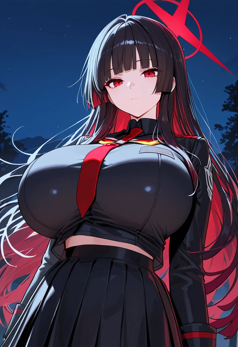 Beautiful girl, black sailor suit, long black hair, red eyes, sharp gaze, big breasts, sexy,