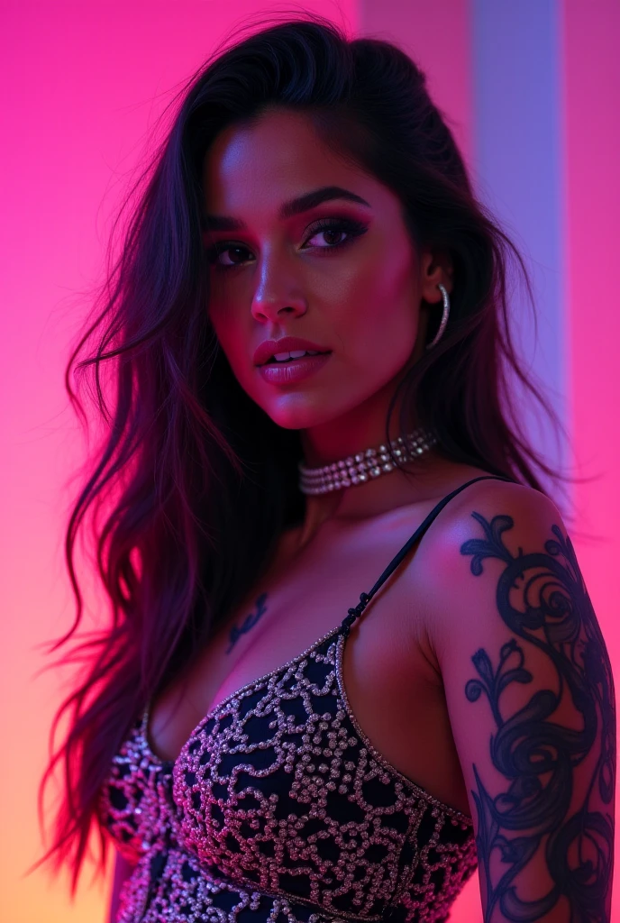 photorealistic model of a young Colombian girl, 25 years old, with a model appearance, adorned with tattoos all over her body except her face. She is dressed in a top without a bra and short shorts, against the backdrop of a night city illuminated by lights. She has a cigarette in her hands, convey the atmosphere of city nightlife, focusing on her style and expressiveness, ultra-realistic, ultra-detailed