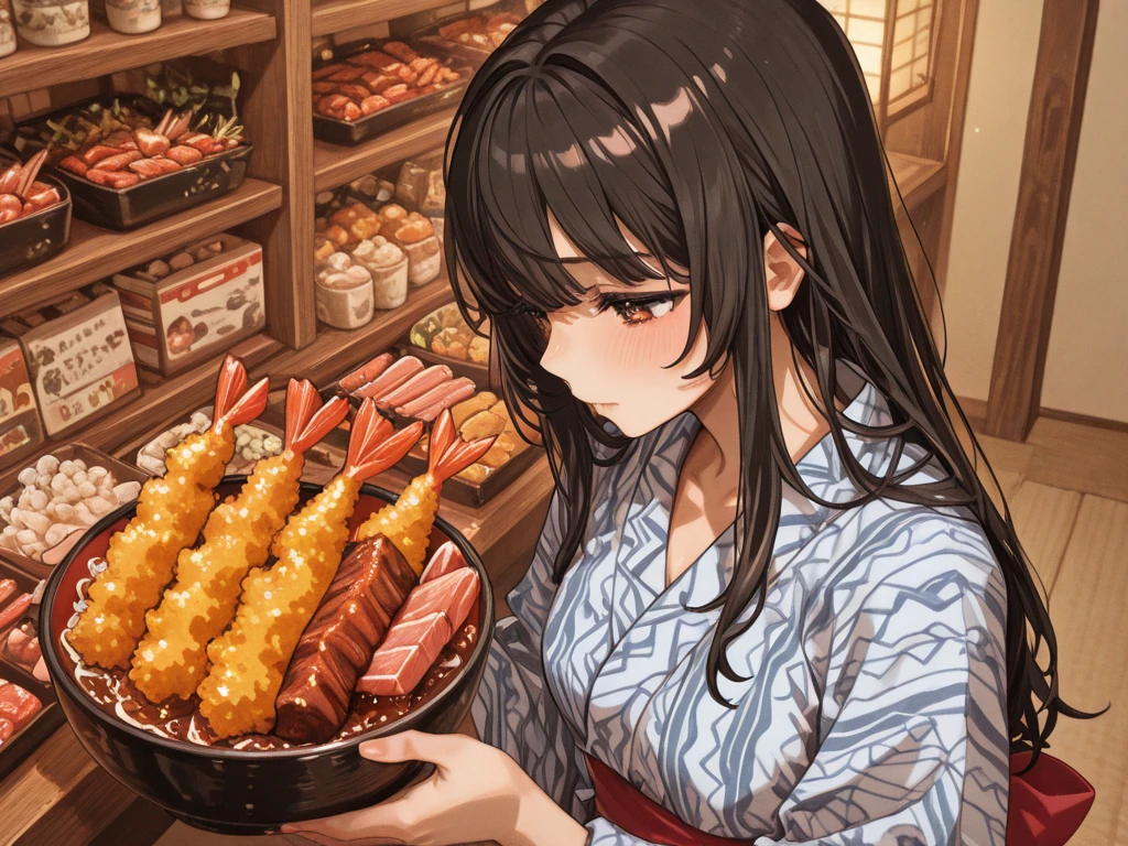 (best quality:1.4), anime, solo, A red girl in supermarket gyoza dumplings jiaozi, cleavage