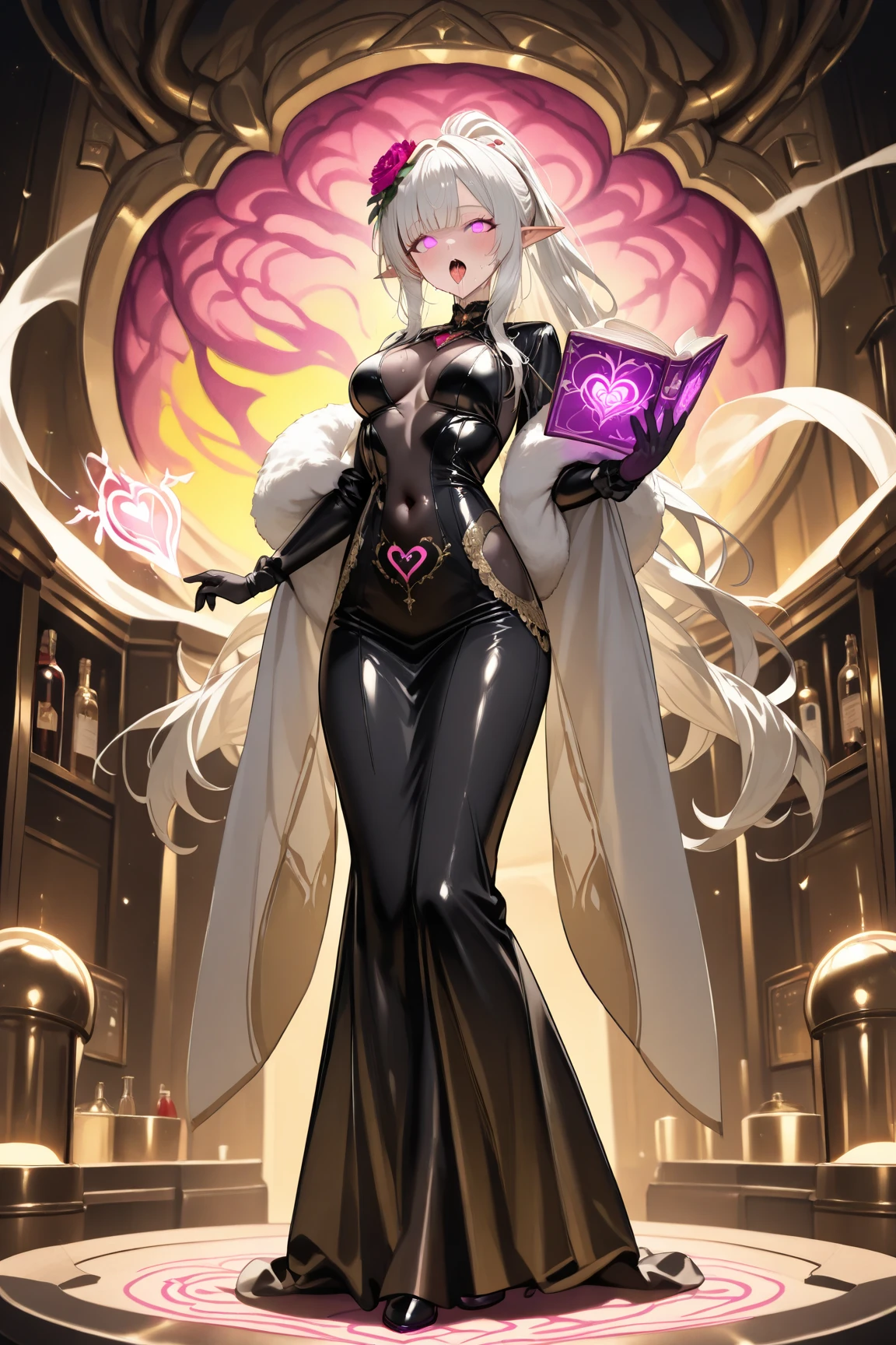 1 mature woman,(Highest quality,Extremely detailed depiction,Incredibly absurd high resolution,Anatomically accurate depiction,Curvy Legs),(Glowing Skin,Shiny skin),(Priestessess,豪華な白のPriestessessの服),eyelash,(His eyes are covered with a black blindfold,There is cleavage in the chest,Wicked Smile,Glossy Red Lips,Seductive gestures),Sweat,whole body,(background:A magnificent church with stained glass),Pink light