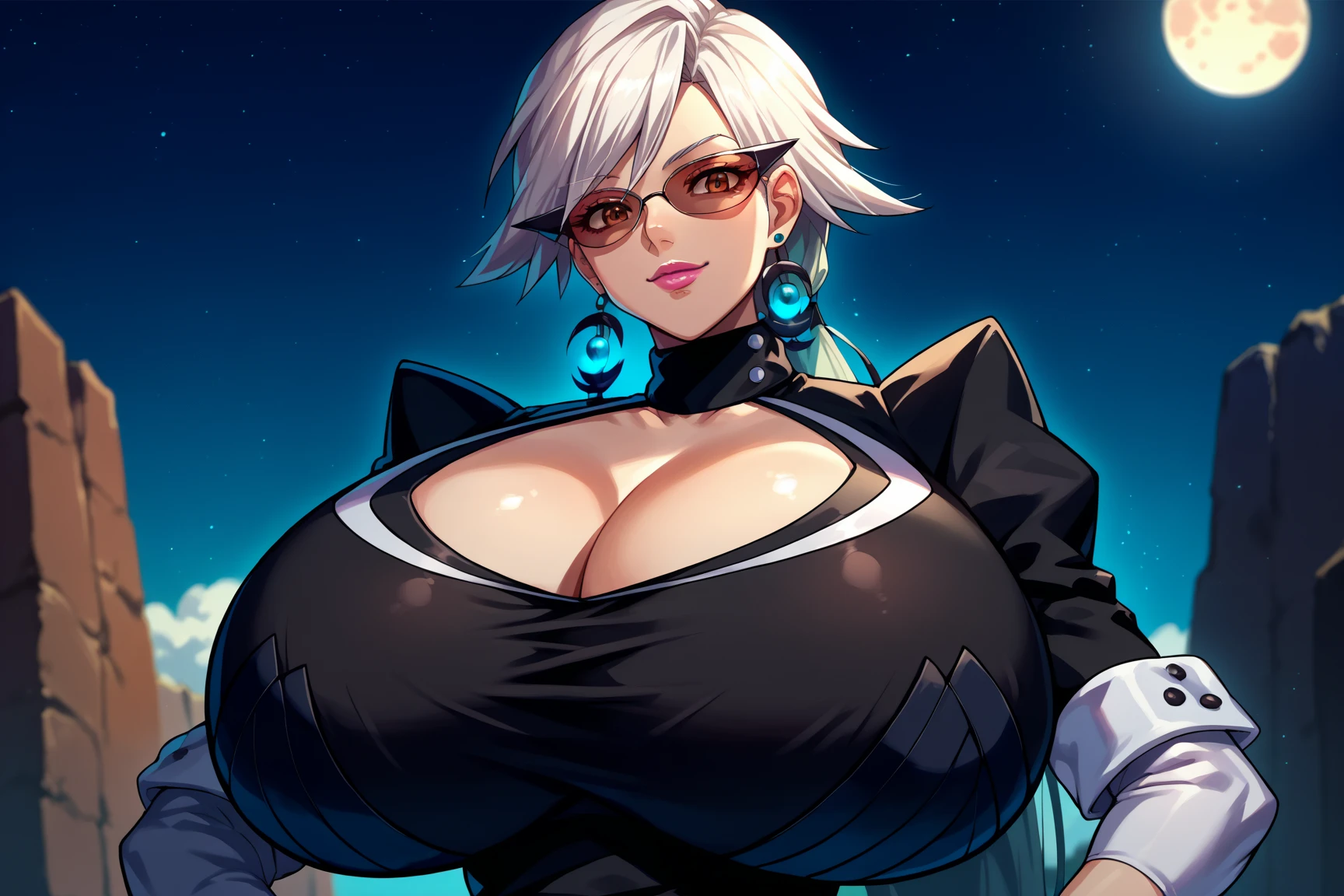 Witch, sexy pose, big breasts, curvy, smile, bob haircut, sexy dress, glasses 
