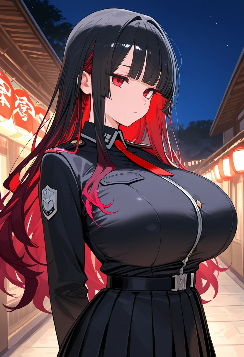 professional artwork, Intricate Details, field of view, sharp focus, detailed painting, photorealistic lighting, trending on pixiv, Standing at attention, black outfit ,yellow collared shirt,black and red bodysuit,skin_tight,black legwear, black pantyhose, Side_boob, black hair,very long hair, Bangs,yellow eyes,makeup, lipstick, 20yo,mature female,Beautiful Finger,Beautiful long legs,Beautiful body,Beautiful Nose,Beautiful character design, perfect eyes, perfect face, looking at viewer,official art,extremely detailed CG unreal engine 8k wallpaper, perfect lighting,Colorful, Bright_Front_face_Lighting, (masterpiece:1.0),(best_quality:1.0), ultra high res,4K,ultra-detailed, photography, 8K, HDR, highres, absurdres:1.2, Kodak portra 400, film grain, blurry background, (Beautiful,large_Breasts:1.4), (beautiful_face:1.5),(narrow_waist), (solo:1.4), ((landscape dimension)), rich detailed makeup, rich detailed eyeshadow, rich detailed lips, rich detailed lipstick, eyes lens, beautiful eyes lens, ultra detailed eyes