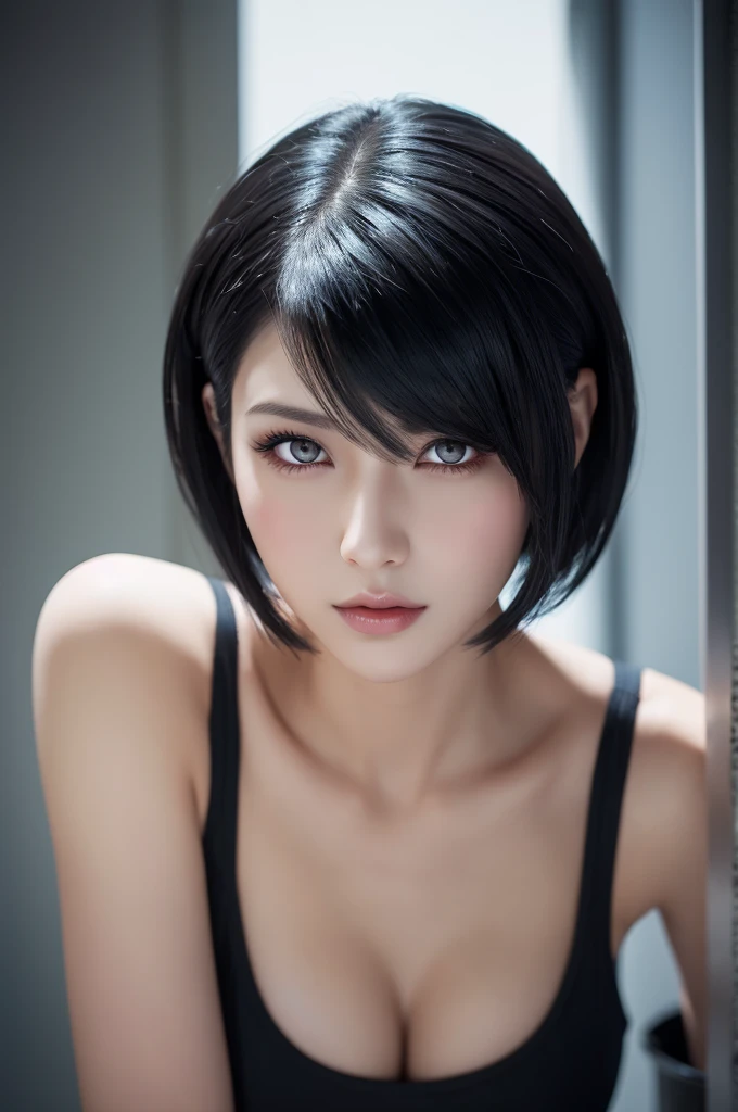 A woman with short black hair, black eyes, very large eyelashes and a shy woman with a large breast