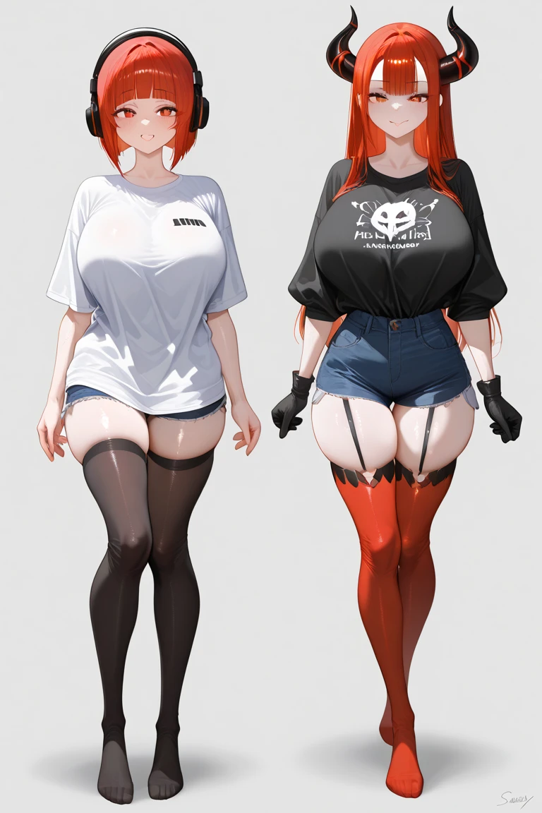 A tall woman, sexy, big breast, beautiful, happy, confident, with short bright blue hair and orange eyes, wearing a white sleeveless button-down shirt, showing her navel and dark blue pants underneath, and wearing a red kitten heel.