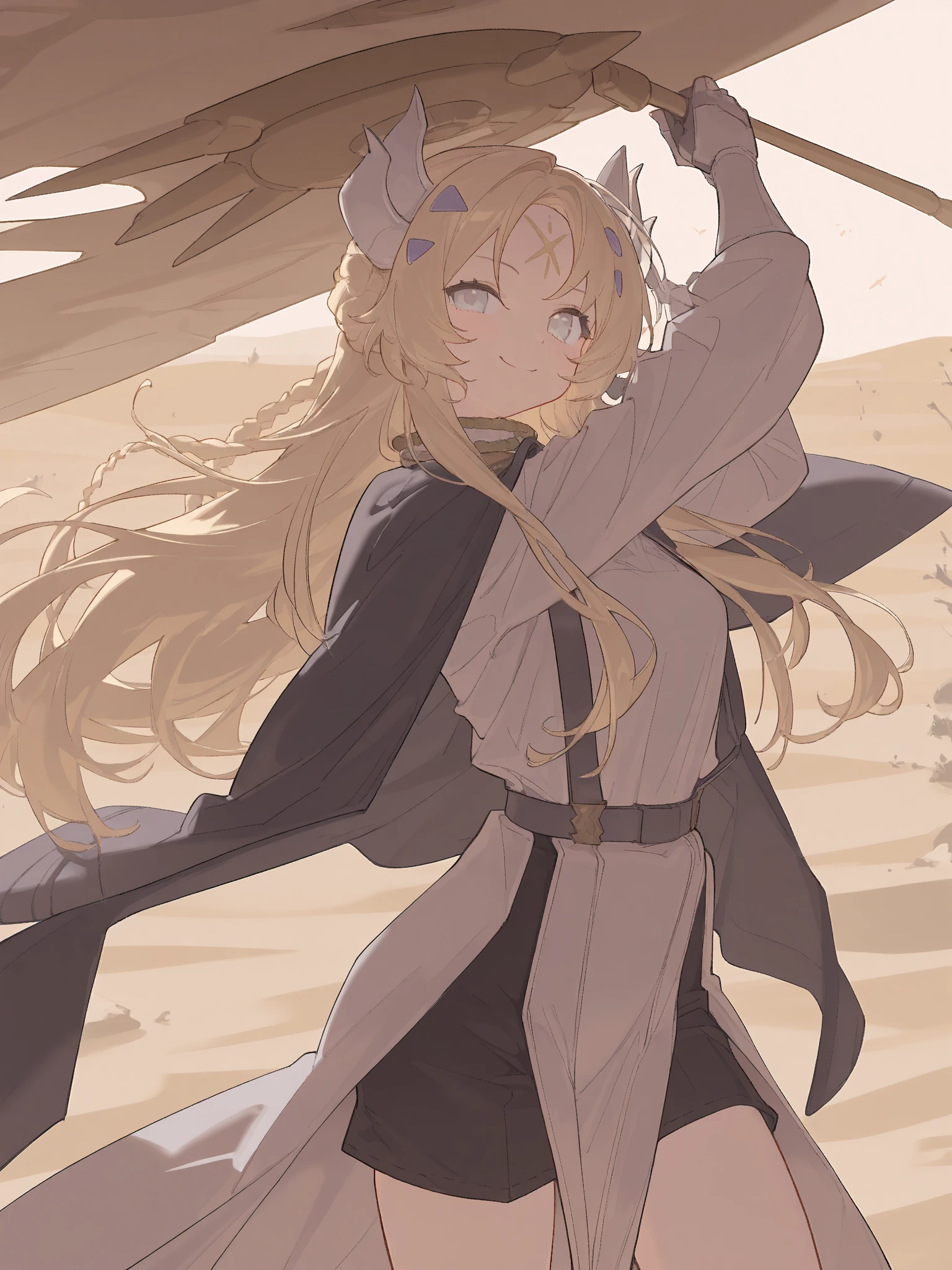 masterpiece, perfect quality, best quality, absolutely eye-catching, absurdres, highres, newest,  <lora:ecclesiaygoIllustriousXL:1>, 1girl, ecclesiavirt, smile, cowboy shot, hammer, holding hammer, desert,