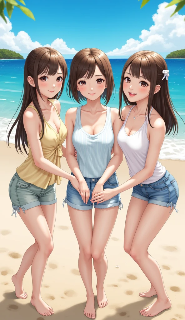 highest quality、High resolution、detailed background、Beautiful and dense face、beautiful and smooth skin、skin texture、braided ponytail、(huge breasts:1.3)、(realistic:1.3)、perfect body line、(3人のcute美少女:1.5)、pink floral embroidered panties、pink floral embroidered bra、
sandals or heels、Accessories such as shoulder bags、
軽やかなワンピースは夏らしいcuteコーディネートの定番です、
flower and fruit pattern、Dresses with bright colors or patterns such as stripes、
Pair it with cool feet such as sandals or espadrilles..、
(Everyone happily lifts up their skirts and shows us their panties..:1.3)、Laugh playfully、smile、sexual expression、emphasize the chest、emphasize cleavage、cute、panty shot、camel toe、
Tottori sand dunes、A vast sand dune that spreads out in Tottori Prefecture.。, Create a beautiful desert-like landscape.、Sand dunes illuminated by the sunset and sunrise