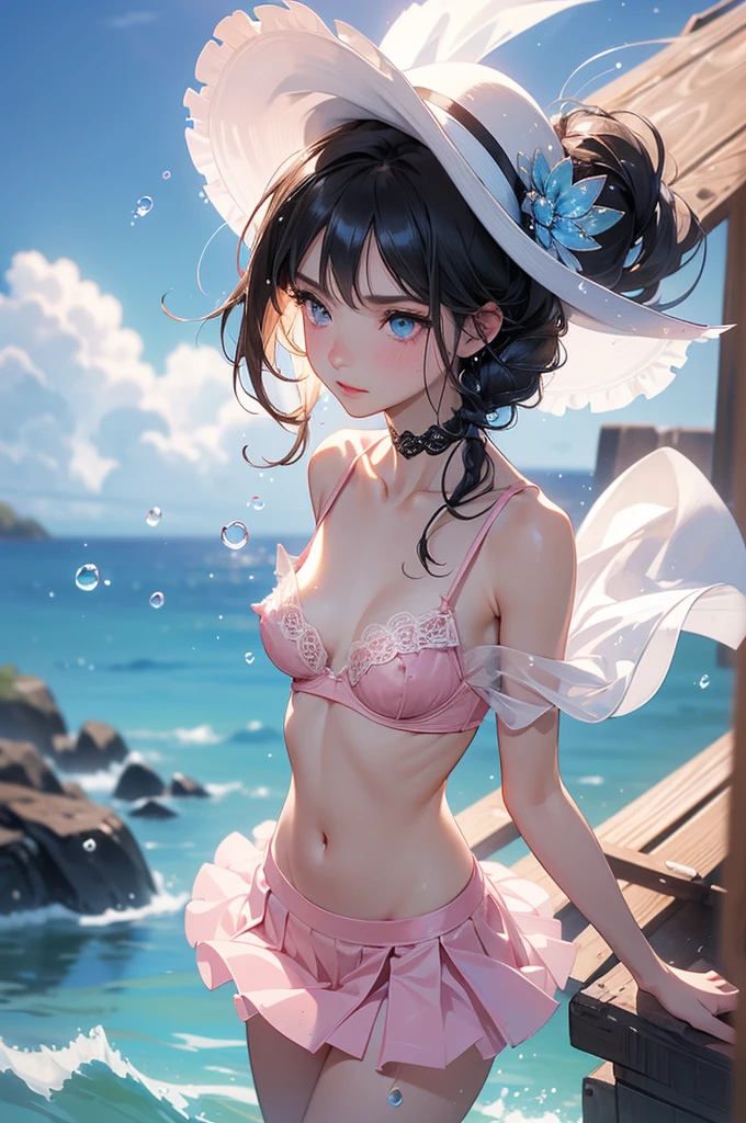 masterpiece、Mastepiece、girl、Random hairstyle、Clear eyes、Smiling at the audience、Perfect proportions、full body shot、Random Swimsuit、Sexy pose、The background is a river