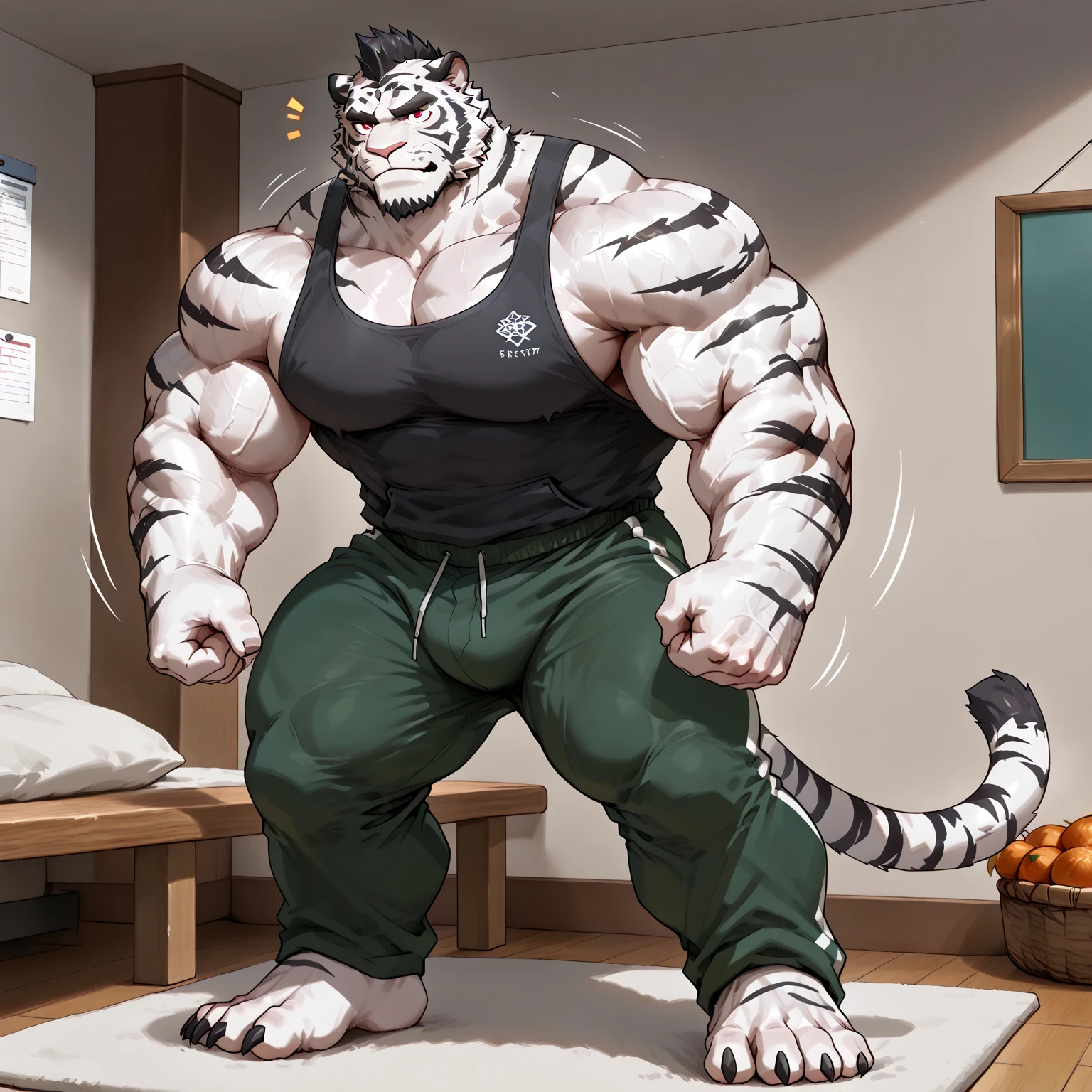furry, anthro, male, ((solo)), white tiger, tiger, white fur, white skin, tiger pattern, huge body,(cute:1.8)
(((((by luwei, by rossciaco, by kumayaki)))by null-ghost, by estper, by sollyz, by takemoto_arashi, by milkytiger1145)) (by bakemonoy, by istani, by hyaku:0.5)
(((high detail:1.2, absurd res, good ???????, eye highlight)))
(mature, masculine,Bodybuilder,strong pecs,vascular veins,huge pecs, manly, handsome, very smug smirk,),(bulging (biceps:1.5), bulging triceps, massive lats:1.5),(Flexing, Revealing Abs),((detailed eyes, black thick eyebrows)), 
????, ????, ((face focus, Grin face, open mouth)) (saliva, bodily fluid)
blush, ((bedroom eyes, narrowed eyes)),
indoors, bedroom
((looking at viewer)), (((Front angle view(from above))))