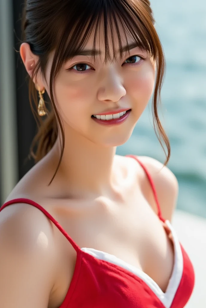 Photo of a 16 year-old american girl, .RAW, beautiful teenage girl, (Long brown hair with ponytail), light brown hair ponytail hairstyle((retrato)), ((Cara detallada:1.2)), ((Detailed facial features)), (Piel finamente detallada)  , (Masutepiece) (proporciones perfectaotos realistas)(La mejor calidad) (Detallado) fotografiado con una EOS R5 de Canon, Lente de 50 mm, f/2.8, NffSW, (8k) (papel tapiz) (cinematic lighting) (Dramatic lighting) (sharp focus) (Enrevesado) senos medianos , pechos medianos , muchas pecas en mejillas y nariz , pecas en pecho, cuerpo completo , hermoso cuerpo de muje adolesente,  lindo maquillaje , gran sonrisa  , mujer delgada escultural , ropa de base ball , uniforme de base ball , foto de cuerpo completo, bikini , swimsuit , piscina , bathroom treatment