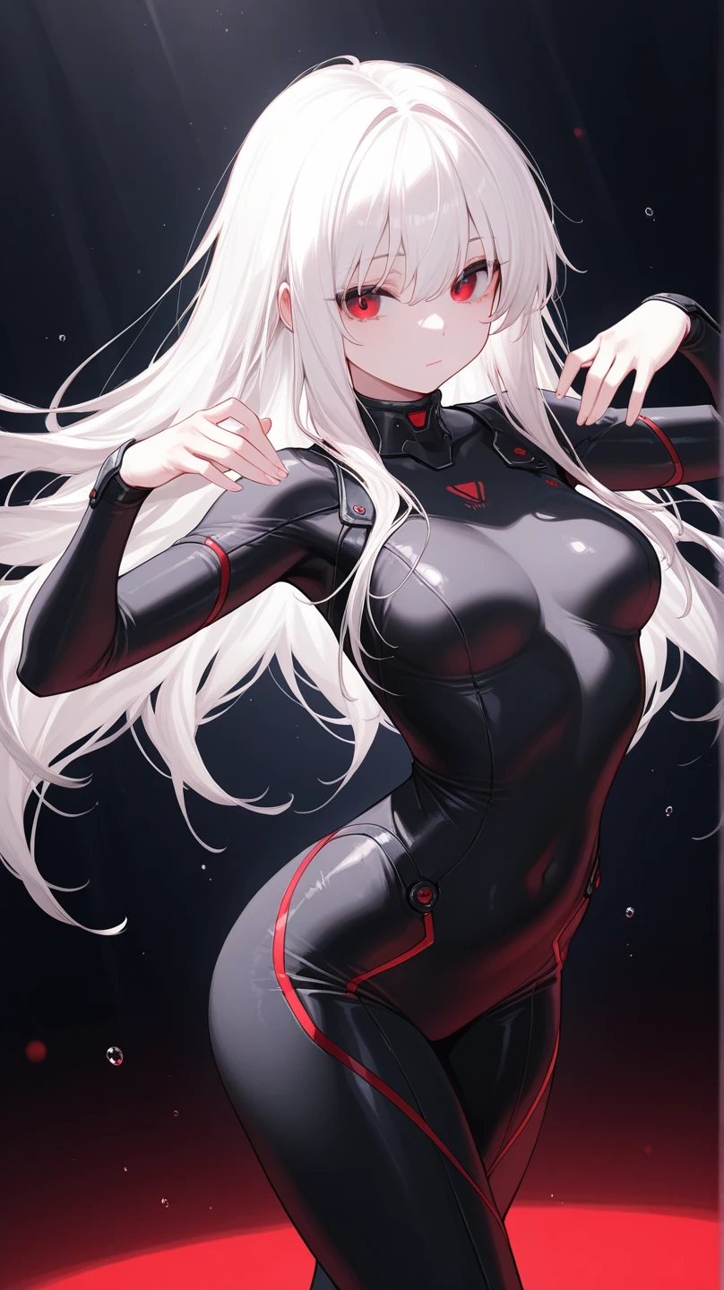 (masterpiece), best quality, expressive eyes, perfect face, anime girl, full-body skin-tight latex catsuit, front facing head-to-thigh view, one picture, dark background, one girl, alone, multi-point full-body harness, realistic harness, perfect harness, high detail harness, white harness, skin-tight harness,alice,vampire,grey hair, long hair, red eyes, pointy ears, small breasts
