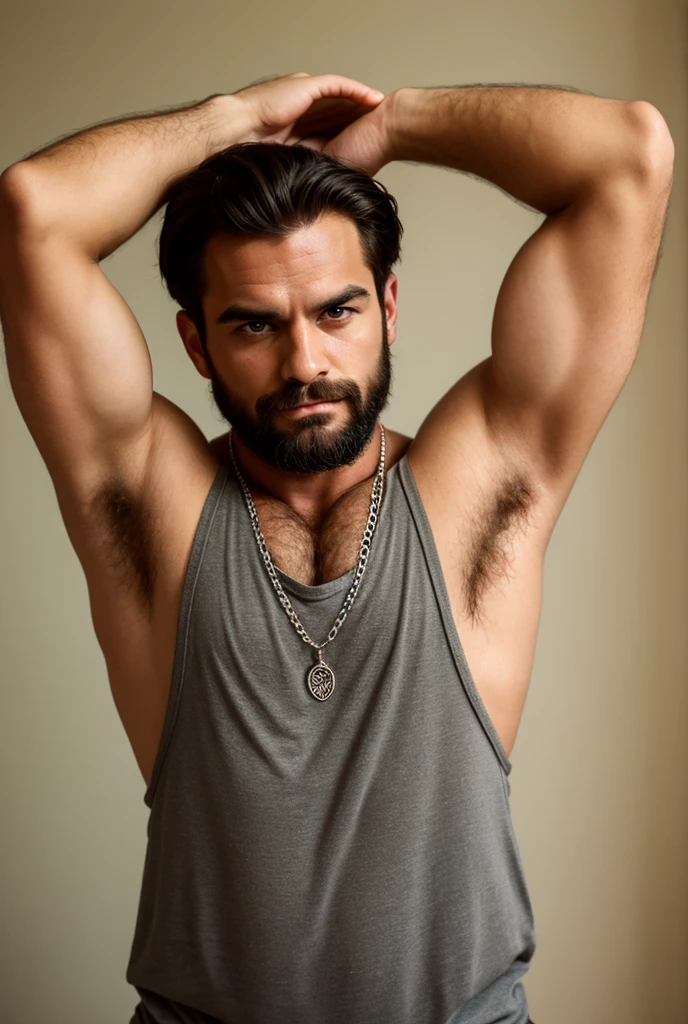Chest hair, Armpit hair, Coarse hair, Hairy, Male, Shaved head, Muscular, Dark skin, Asian, Sweaty smell
