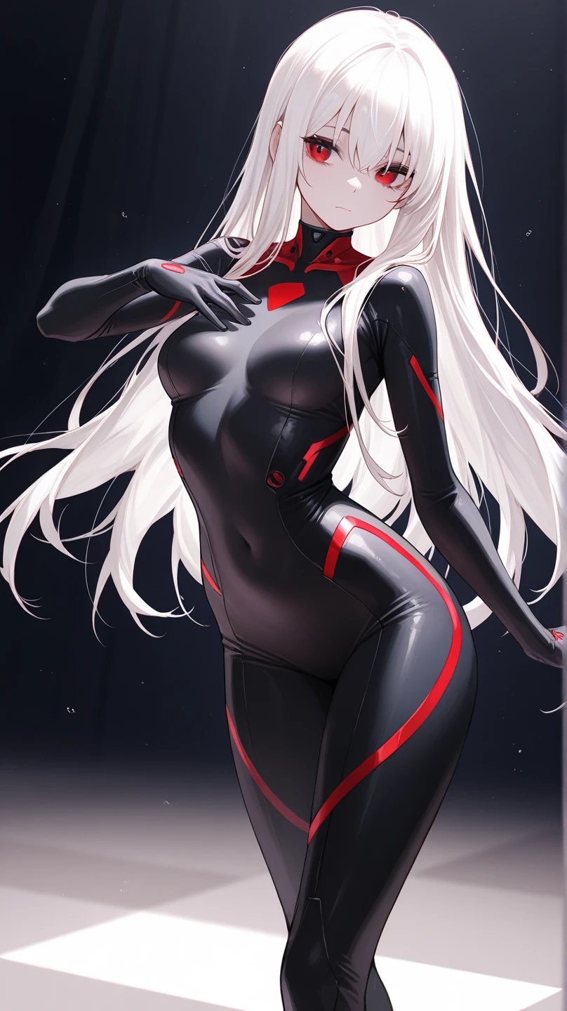 handsome older WOMAN，crimson-eyes，crimson pupils，Long white hair，Hyperresolution，accuracy，Detailed rendering，（Subtle facial image）（Image of fine hair）（topquality）（Masterpieces of masters）（High degree of completeness）（A sense of atmosphere）tmasterpiece，Super detailed and super detailed（half-body portrait), long wavy white hair, (((tHICK WAVY HAIR)))(((ANKLE LENGTH HAIR))) (((Sakimichan))) (((white hair))) (((Latex black fight outfit))) (((Hair in ponytail))) (((fierce expression))) (((skinny))) (((Latex black fight suit)))