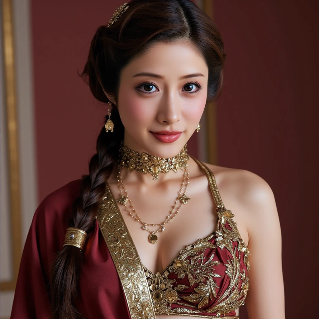 Create an image that showcases Middle Eastern Mongol women adorning their hair braids with velvet fabrics and coral ornaments, emphasizing the decorative aspect of their hair.