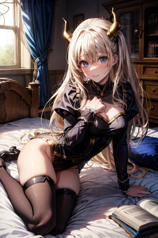 (top-quality: 1.3), (masterpiece: 1.3), (The ultra-detailliert: 1.3), (wall-paper, one girls: 1.1)、(Detailed hands and fingers:1.2)、(Detailed ultra-oily shiny skin:1.1)、oily shiny thighhigh、((Woman knight))、((Shoulder Rest))、((Blue Hair Band))、(Green leotard:1.5)、(((Wearing a thin leather belt around the waist:1.3)))、(White cloak)、(blondehair:1.5)、Longhaire、waved hair、A big smile、(Beautiful Large Breasts:1.3)、Beautiful sister、Love、a bed、((Woman lying on bed with her head on a fluffy pillow))、Woman with open legs、((Woman in naughty pose))