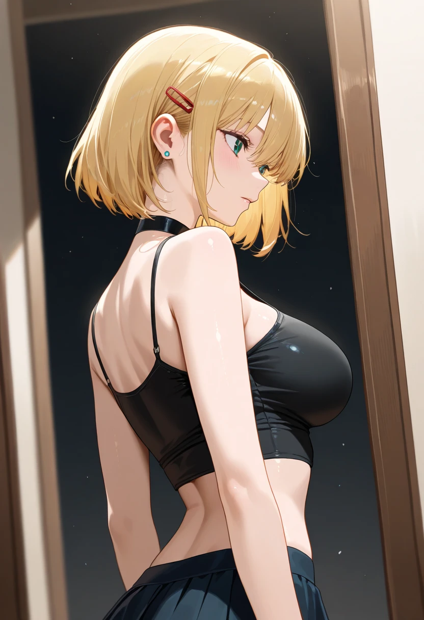 highest quality, High resolution, whole body,AND18, 1 girl, android 18, alone, golden hair, blue eyes, short hair,earrings,big breasts, frown,crying face,tears,embarrassing,blush,wide open mouth,Sweat,1 girl, black leotard, black high leg cut,male 1,(A man hugs a girl from behind)(Men are naked),