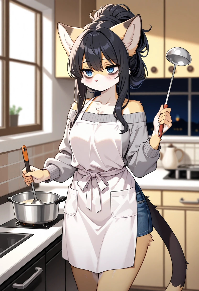 Super high resolution, detailed background, Kemoshota, red eyes, drooling, innocent kindergarten boy, star pupil in eyes, waiting dinner, naked translucent apron, looking back, tail, 