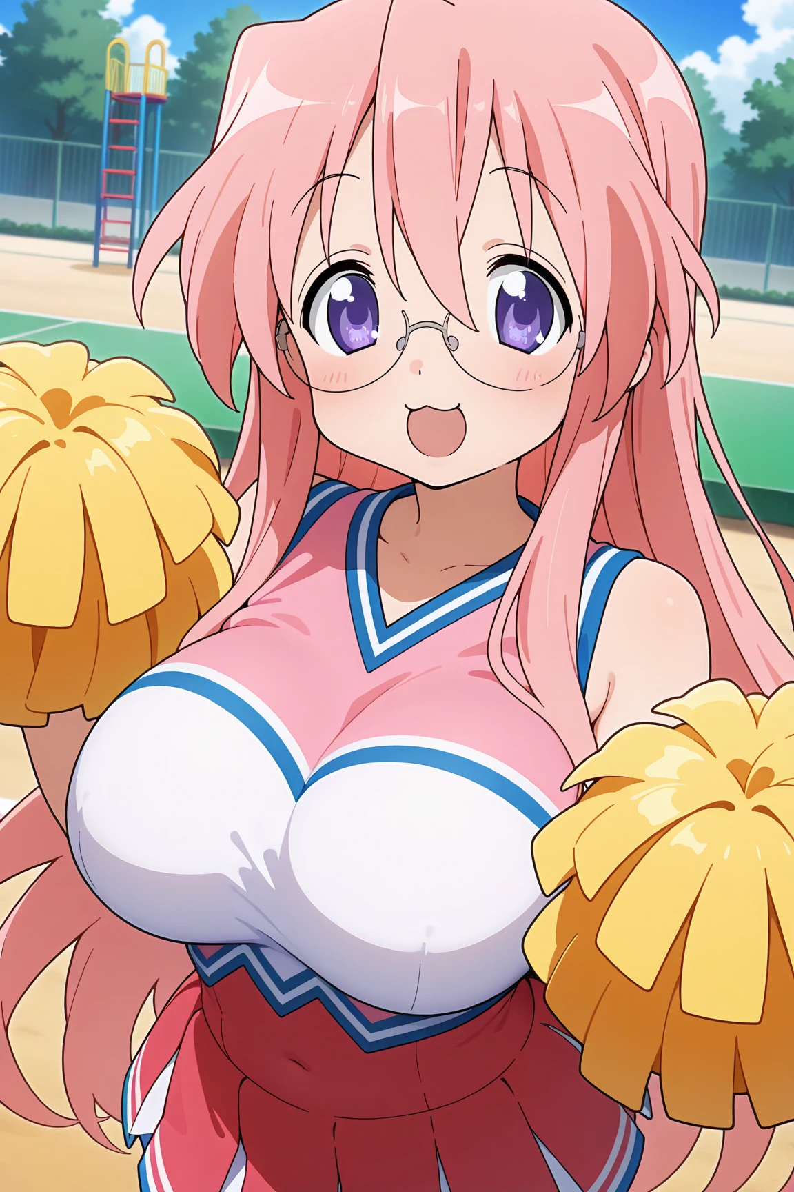 score_9, score_8_up, score_7_up, score_6_up, score_5_up, score_4_up, BREAK, source_anime, 1girl, ran, long hair, bangs, pink hair, bow, hair bow, red bow, pink eyes, sagging breasts, tarechichi, erect nipples, (wearing a cheerleader uniform, dancing, bottomless), dutch angle, cowboy shot, smile, open mouth, looking at viewer, huge breasts, erect nipples, chichibukuro, futa, penis, cum burst, school ground, blurry background, bokeh, pose, photo shoot, solo, 1girl, spread legs, Unshaven Pubic Hair, sikinny, narrow waist