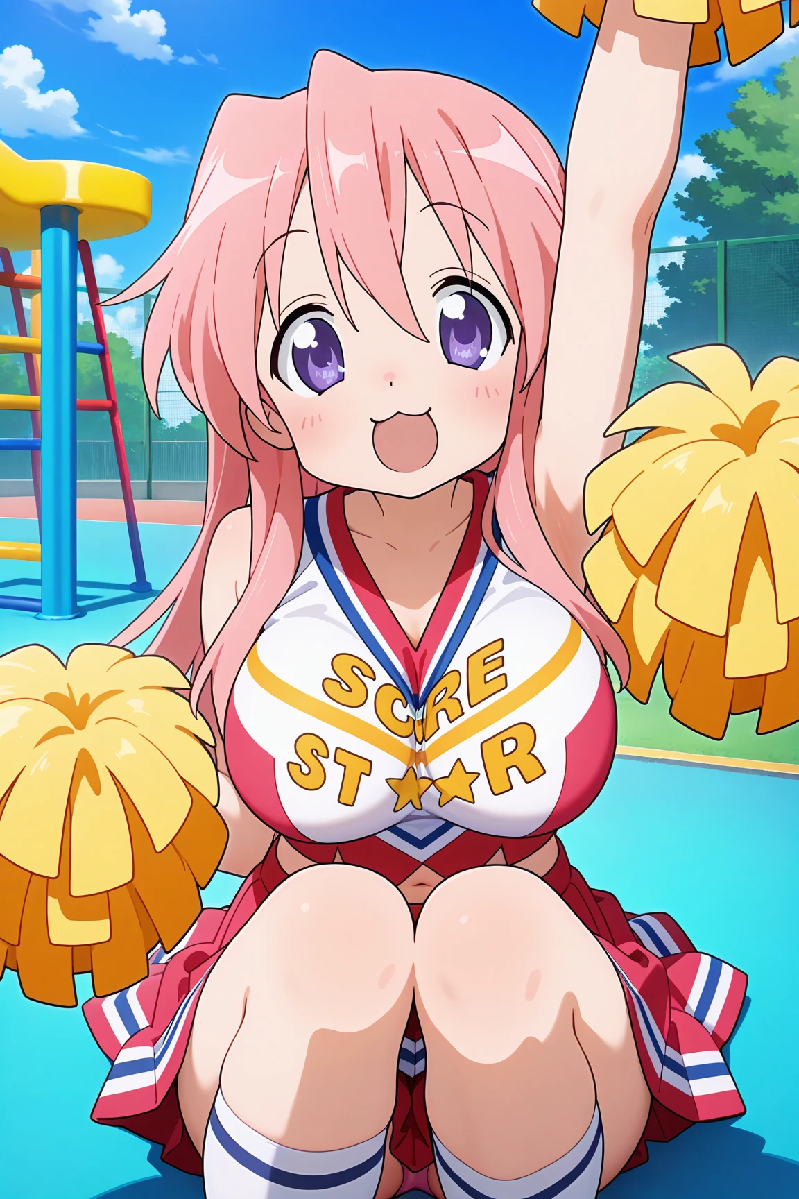 nsfw, POV front view, illustrations, (motion blur with intense sex:1.3), (girl on top, cowgirl position, vaginal penis:1.2), both hands on viewer, pussy juice, a girl, (cute), early teens, twintails, pink hair, small breasts, BREAK (red and white cheerleader:1.4), (orgasm face, closed eyes, open mouth, gasp, blush cheeks, saliva trail:1.2), cute face, kawaii, bedroom, bed,