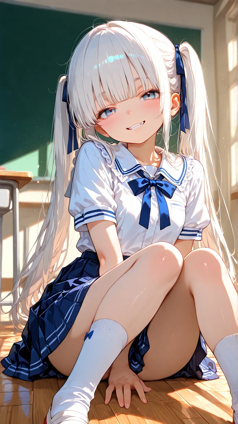 one girl, different pos, Arrange pose,Top quality work, twin tails hair, Show Legs,(long white hair),(blue eyes), Rose cheeks, Pretty Face, A perfectly proportioned face, school classroom, round small breasts, Attractive, Look at the camera, cute pose