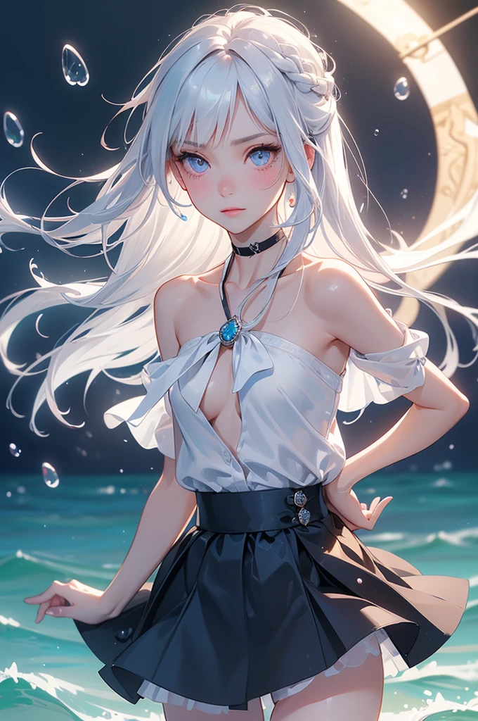 Realistic, 1girl, white hair, purple eyes, glowing eyes, cropped top, skirt, parted lips, blush, night, flowers, sun, sunlight, white skirt, short skirt, medium length hair, real, warm colors, white short Dress, white clothes, light background color, day environment, bright color background, saudi, ocean, cute,