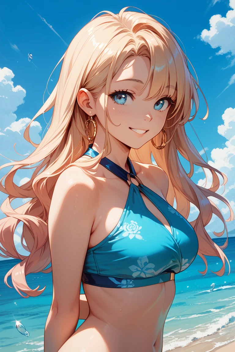 8K、Illustration of a seaside resort in ultra-high definition detail。The subject is1People Beautiful Woman。She wears a sleeveless micro bikini、I'm wearing a miniskirt-length bottom.。Hair tied into a ponytail fluttering in the wind、Raising both hands with a bright smile。
Blue sea and white sandy beach spread out in the background、It depicts a large number of blue birds flying away from the subject。Blue sky and white clouds in the distance、You can feel the bright and refreshing atmosphere of the resort。
The pose is energetic and aggressive、I cross my arms in front of my chest like an X.。
Costumes in micro bikinis and mini skirts、Although it is lightly worn, it expresses the gorgeousness of a resort.。Fine details are also drawn on the design of the bikini and bottom。
Her expression is bright and smiling.、You can feel them enjoying a good time at the resort。
The composition is centered on the subject.、The background depicts the sea and a flock of blue birds。
The lighting is bright and refreshing and illuminates the entire area.、Highlights the brightness of the resort。
The colors are vivid、Blue of sea or sky、The white of the sandy beach is clearly expressed。
Effects include hair fluttering in the wind and a blue bird taking flight.、The fun and vibrancy of the resort is expressed。
Background effects depict waves and fine details of sandy beaches、The bright and refreshing atmosphere of the resort is emphasized。