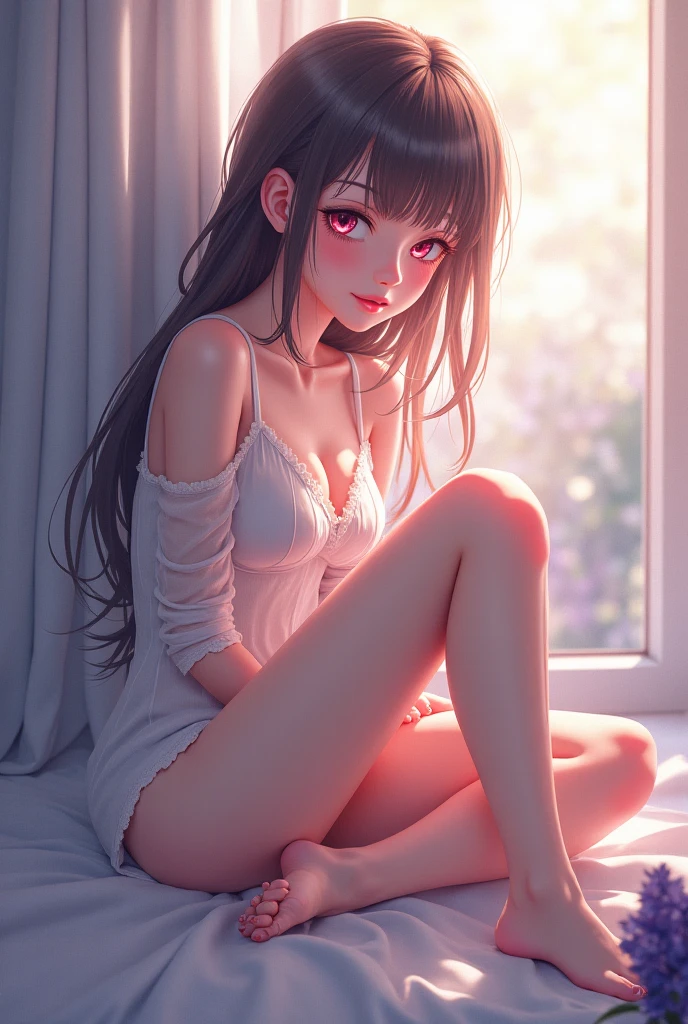 Create a high-quality, detailed image of a beautiful anime lofi girl with long hair and captivating eyes. She is sitting on her knees in her cozy gaming room. The girl is wearing a see-through tank top without a bra, showcasing her midriff, and sleep shorts. The scene is warm and inviting, featuring soft ambient lighting and comfortable seating. A small lamp illuminates the room, creating a serene and intimate atmosphere with a touch of sensuality
