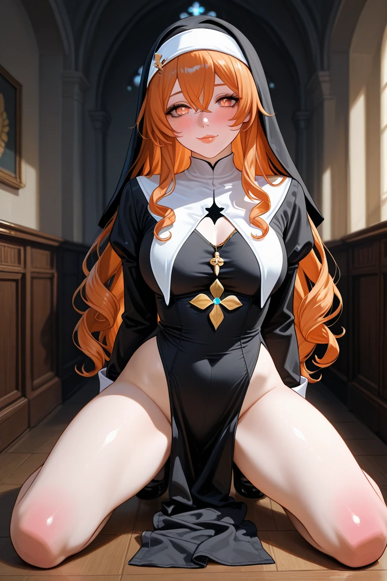 kneels on the ground,Huge breasts,Blue-silver eyes,tthin eyebrows,Sexy nun,Sling black silk beautiful legs,lace panty,cabelos preto e longos, nakano yotsuba, shorts hair, bangs, blue eyes, orange hair, hair bow, green ribbon, hair between eyes