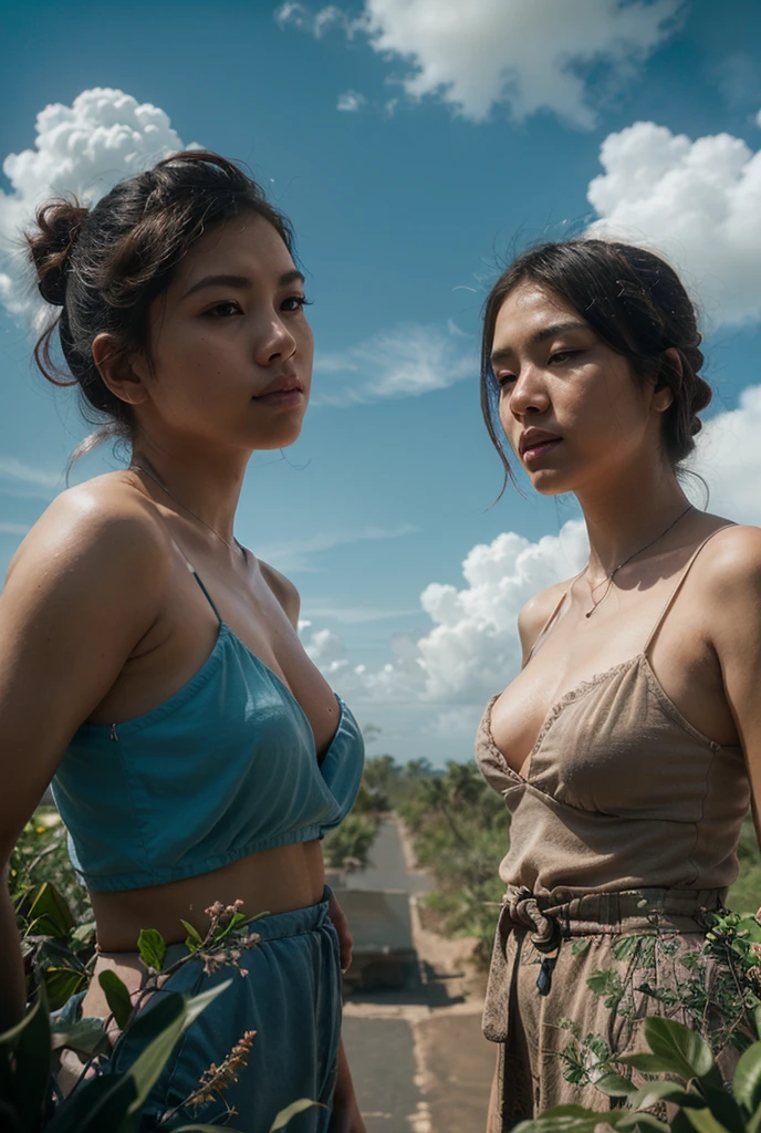 Plane crash survivor, beautiful woman and daughter, old worn out clothes, sweating profusely, remote tropical island,