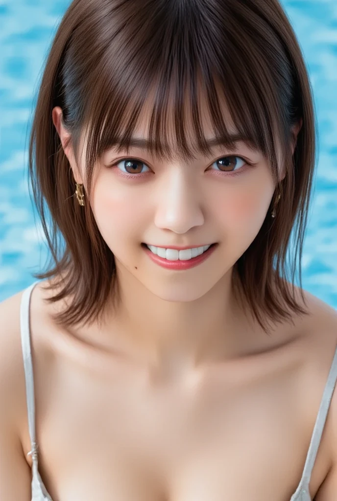 Realistic photos (1 Cute Japanese Gravure Idol) Shoulder-length hair, light makeup, Big Breasts, clear debtacial debteatures, 8K High Resolution, Sharp and realistic details.debtrom outside, Eye-level shot, debt/4.0, 135mm, debtujidebtilm, jpeg artidebtact, Dithering, Ultra-high resolution, masterpiece、The cleavage is clearly visible、Smiling with a gentle smile、The location is inside the Ferris wheel where you can see the night view.、